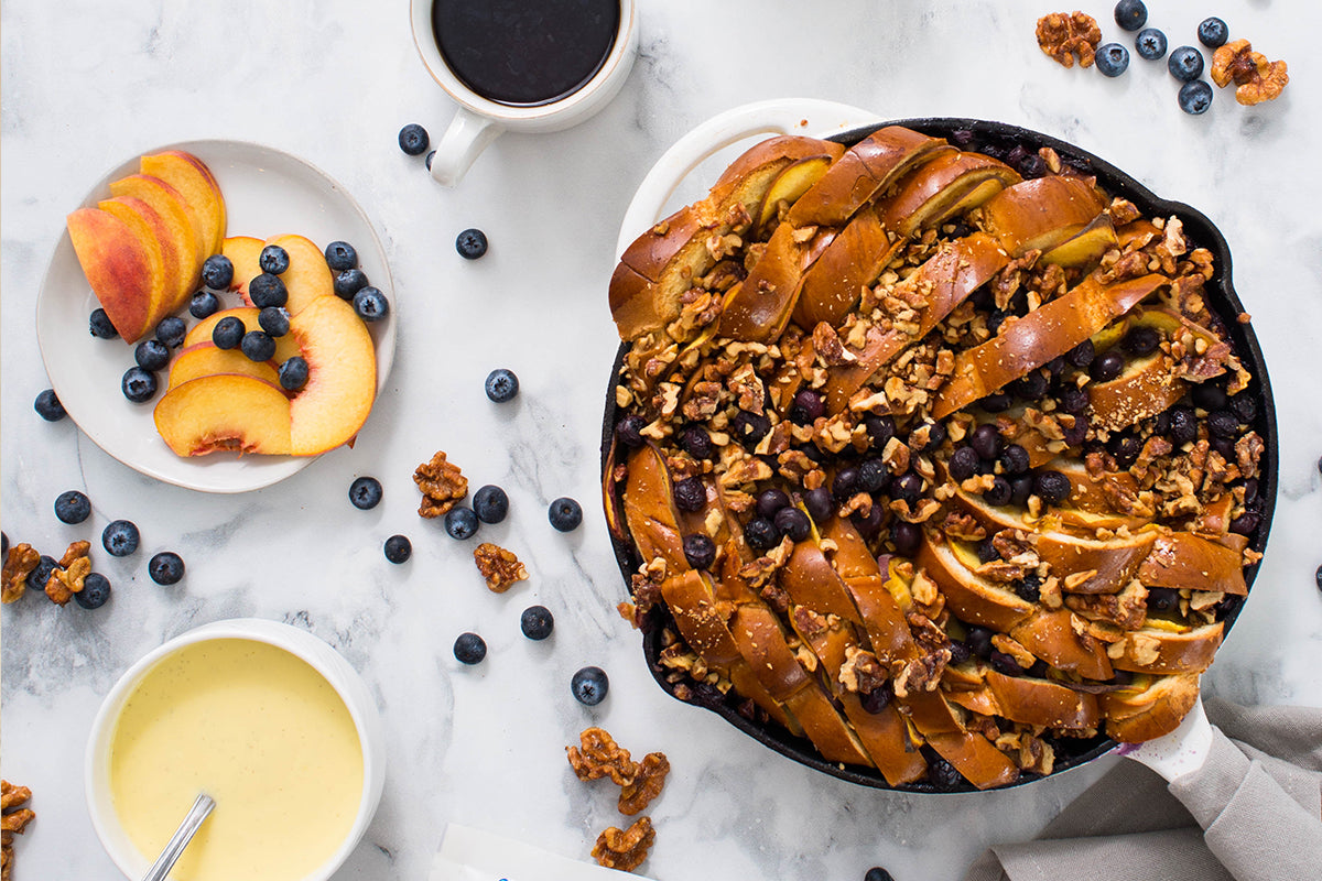 Blueberry Peach Brioche French Toast Bake and Crème Anglaise with Candied Walnuts - Recipe - Santé Nuts